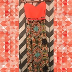 Coral strapless sweetheart maxi dress